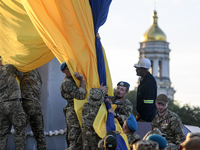 Rehearsal of  the ceremony of rising the giant state flag of Ukraine the night before the National Flag Day celebrations in Kyiv, Ukraine, 2...