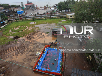A view of an artificial pond is seen which is used to immerse idols during the Ganesh Chaturthi festival in Mumbai, India on August 23, 2020...