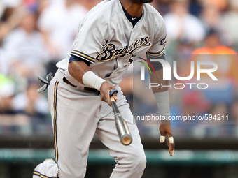 Milwaukee Brewers' Hector Gomez hits a double in the second inning of a baseball game against the Detroit Tigers in Detroit, Michigan USA, o...