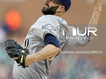 Milwaukee Brewers starter Mike Fiers delivers a pitch in the third inning of a baseball game against the Detroit Tigers in Detroit, Michigan...