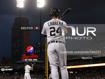 Detroit Tigers' Miguel Cabrera warms up in the on-deck circle in the sixth inning  of a baseball game against the Milwaukee Brewers in Detro...