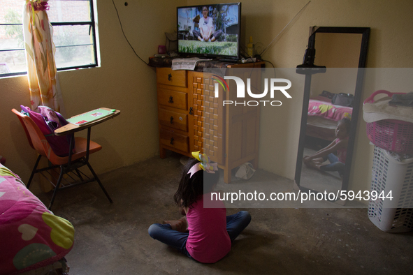 A student takes virtual classes and through the different television channels on August 24, 2020 in Mexico City, Mexico, during the new 2020...