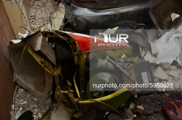 Helicopter parts of a Quorom helicopter crash, a helicopter operated by Quorom Aviation which crashed in 16A Salvation Road, Opebi, Ikeja ar...
