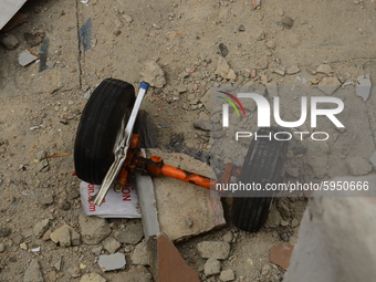 Helicopter tire amidst debris after a Quorom helicopter crash, a helicopter operated by Quorom Aviation which crashed in 16A Salvation Road,...
