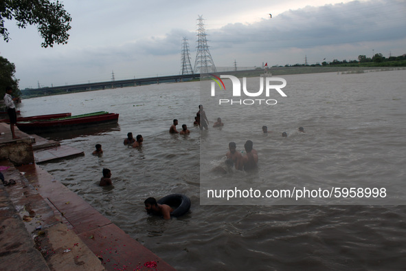 A view of Yamuna river, at Yamuna Bazaar, as water level rose around the national capital on August 30, 2020 in New Delhi, India. The water...