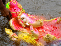 A Hindu Devotees immerse idols of the Hindu elephant god Ganesh, the deity of prosperity, in a pond during the Ganesh Chaturthi festival in...