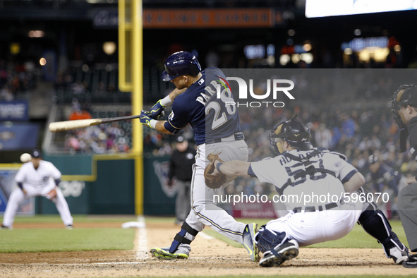 Milwaukee Brewers' Gerardo Parra hits a single in the seventh inning of a baseball game against the Detroit Tigers in Detroit, Michigan USA,...
