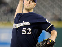 Milwaukee Brewers starter Jimmy Nelson pitches the seventh inning of a baseball game against the Detroit Tigers in Detroit, Michigan USA, on...