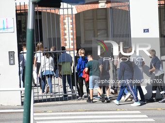 Students leaving college on the first day of school on September 1, 2020 in Chateaubriant, in western France. Due to the coronavirus epidemi...