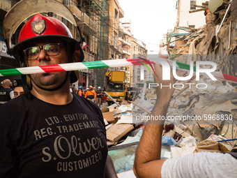 Member of the rescue team in front of the destroyed buildig that maight have  under the wall a person still alive, on September 3, 2020 in B...