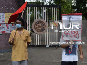 Students holding party flag and banner of Gouri Lankesh  in front of Jadavpur University in Kolkata, India, on September 5, 2020 during thir...