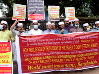 Activist of Bangladeshi World Sunni Movement stage a protest rally against the reprinting cartoon of the Prophet Mohammad by French magazine...