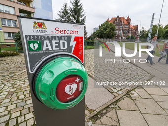 Public AED defibrillator near the tram stop is seen in Gdansk, Poland on 5 September 2020  (