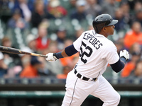 Detroit Tigers' Yoenis Cespedes hits a double in the second inning of a baseball game against the Milwaukee Brewers in Detroit, Michigan USA...