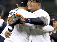 Detroit Tigers' Nick Castellanos is congratulated by Miguel Cabrera  after the 5-3 victory over the Milwaukee Brewers in Detroit, Michigan U...