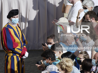 Swiss Guard during Pope Francis weekly general audience in San Damaso courtyard at the Vatican, Wednesday, Sept. 9, 2020.  (