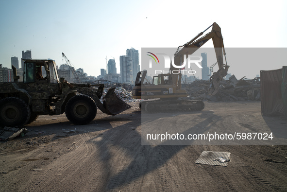Lebanese army excavators are used to remove  the rubble of the port area in order to reopen as soon as possible, on September 9, 2020 in Bei...
