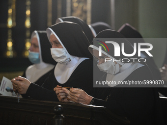A group of nuns seen praying ahead of the funeral mass inside the Bernardine monastery in Kalwaria Zebrzydowska.
On  September 11, 2020, in...