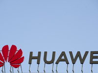 Huawei logo and sign on September 12, 2020 in Warsaw, Poland. (