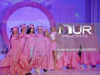Natasza Urbanska (in the center) and other dancers during the rehearsal of 'Legally Blonde' musical directed by Janusz Józefowicz. Krakow, T...