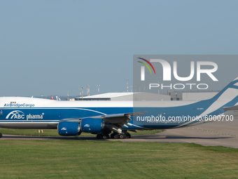 AirBridgeCargo Boeing 747-83Q(F) VQ-BFU taxiing for take-off from East Midlands Airport. Sunday 13 September 2020. (