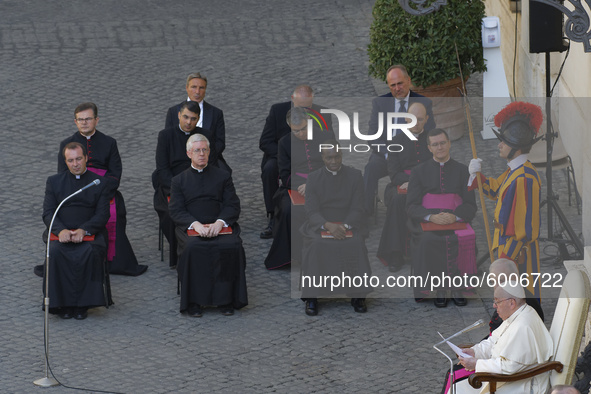Pope Francis delivers his message in the St. Damaso courtyard on the occasion of his weekly general audience at the Vatican, Wednesday, Sept...