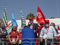 The secretary of the Cgil Maurizio Landini speaks during the demonstration of Trade Unions CGIL, CISL And UIL In Naples, Italy, on September...