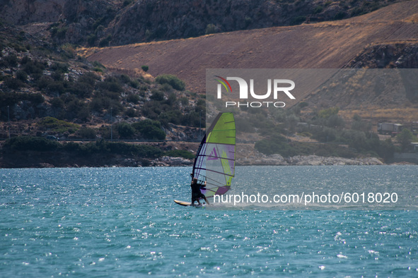 Windsurfing is a quite popular sport in Greece. In Athens, Greece, on September 20, 2020. 