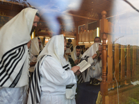 A group of Orthodox Jews praying on the last day of Rosh Hashanah, the Jewish New Year, in the synagogue at the Center for the History and C...