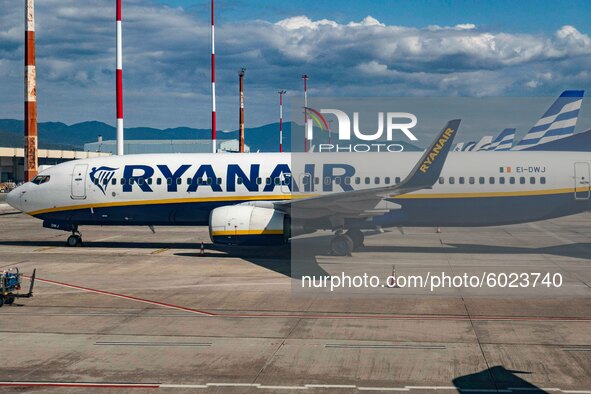 Ryanair Boeing 737-800 aircraft as seen parked in Thessaloniki Makedonia International Airport SKG LGTS in Greece. The airplane has the regi...