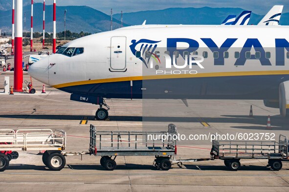 Ryanair Boeing 737-800 aircraft as seen parked in Thessaloniki Makedonia International Airport SKG LGTS in Greece. The airplane has the regi...