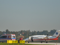 Emergency services (air ambulance and ambulance) seen at the John Paul II Krakow-Balice International Airport.
On September 22, 2020, in Bal...