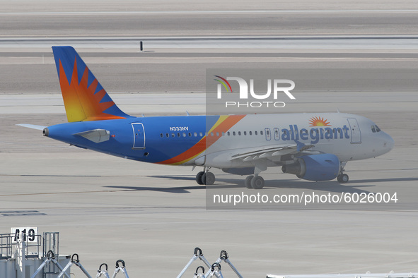 LAS VEGAS, NEVADA, US An Allegiant Airbus A319 at McCarran International Airport, Las Vegas, US on 14th January 2020. 