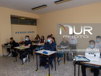Classrooms with the desks at a safe distance of the institute of surveyors in Rieti, Italy on 24 September 2020. Reopening for schools that...