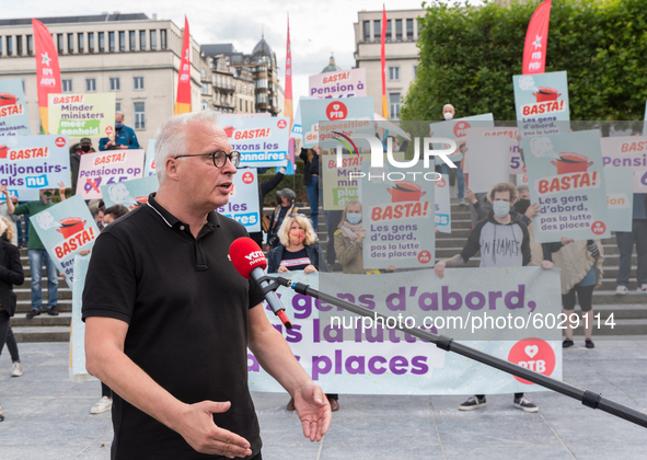The Belgian Marxist political party PVDA - PTB protest in Brussels, Belgium on 24 September 2020. President of the party Peter Mertens talk...