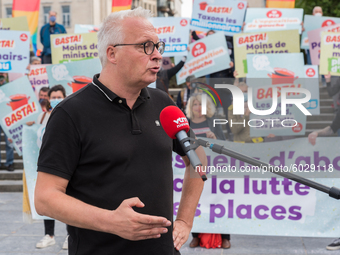 The Belgian Marxist political party PVDA - PTB protest in Brussels, Belgium on 24 September 2020. President of the party Peter Mertens talk...