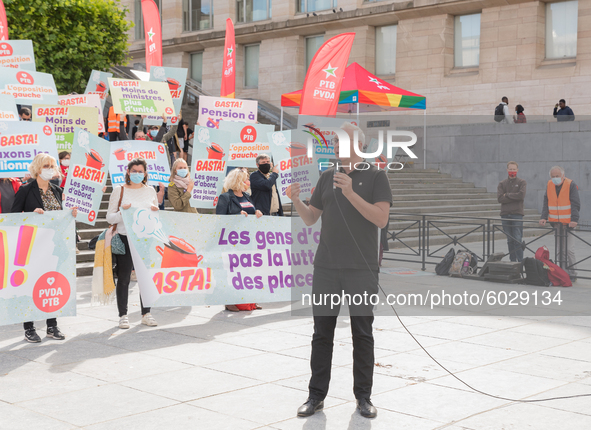 The Belgian Marxist political party PVDA - PTB protest in Brussels, Belgium on 24 September 2020. President of the party Peter Mertens gives...