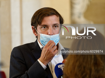  French menber of Parliament Aurelien Tache speaks with journalists and  leaves the session of questions to the government at the French Nat...