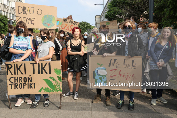 Young protesters with pro-climate banners are seen in Gdansk, Poland, on 25 September 2020  Several hundreds Children and young people weari...