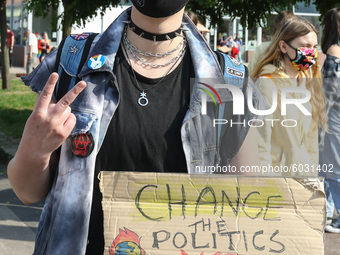 Young protesters with pro-climate banners are seen in Gdansk, Poland, on 25 September 2020  Several hundreds Children and young people weari...