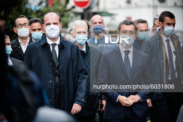 Prime Minister Jean Castex and Interior Minister Gérald Darmanin during a press conference in Paris, France, on September 25, 2020, when sho...