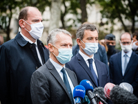 Jean-François Ricard, anti-terrorist prosecutor, Prime Minister Jean Castex and Interior Minister Gérald Darmanin at a press conference in P...