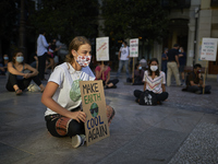 A girl with a sign that says ‘Make earth cool again’ during a pacific concentration in Plaza del Carmen Square on September 25, 2020 in Gran...