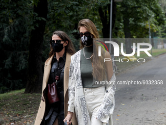 A guest is seen outside Sportmax during the Milan Women's Fashion Week on September 25, 2020 in Milan, Italy. (