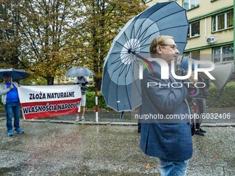 Protester with a speaker in the entrance of a coal mine in Ruda Slaska during a demonstration against the closure of coal mines in Silesia r...