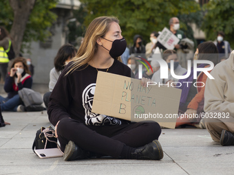 A protester during the Global Climate Action Day event in Madrid, Spain, on September 25, 2020. . After nine months marked by the COVID-19 p...