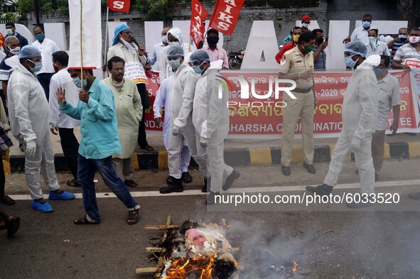 Activists and members of various farmer association are seen in their mass protest against the farm bill of government of India as it passes...