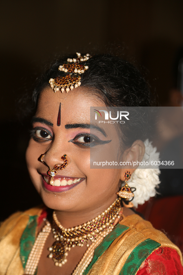 Tamil girl dressed in traditional attire waits to perform a Bharathnatyam dance during a special cultural program featuring Tamil children w...