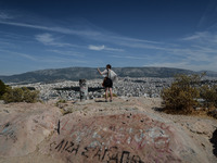 Views to Athens and the acropolis of Athens from the Philopappos Hill in Athens on May, 23(
