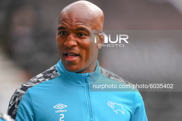 
Andre Wisdom of Derby County warms up ahead of kick-off during the Sky Bet Championship match between Derby County and Blackburn Rovers a...